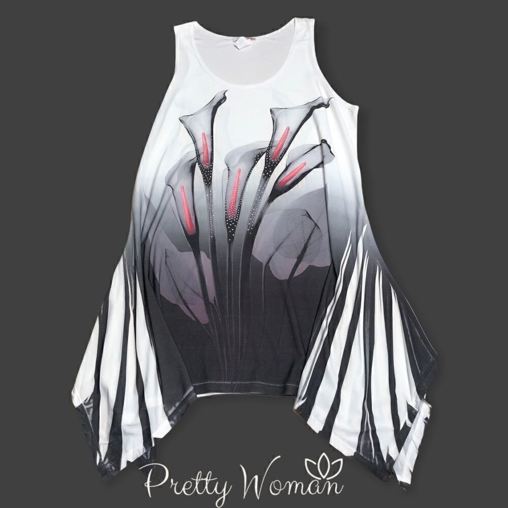 Pretty Woman Lilies Asymmetric Hem Scoop Neck Sleeveless Tunic Rhinestone Accent